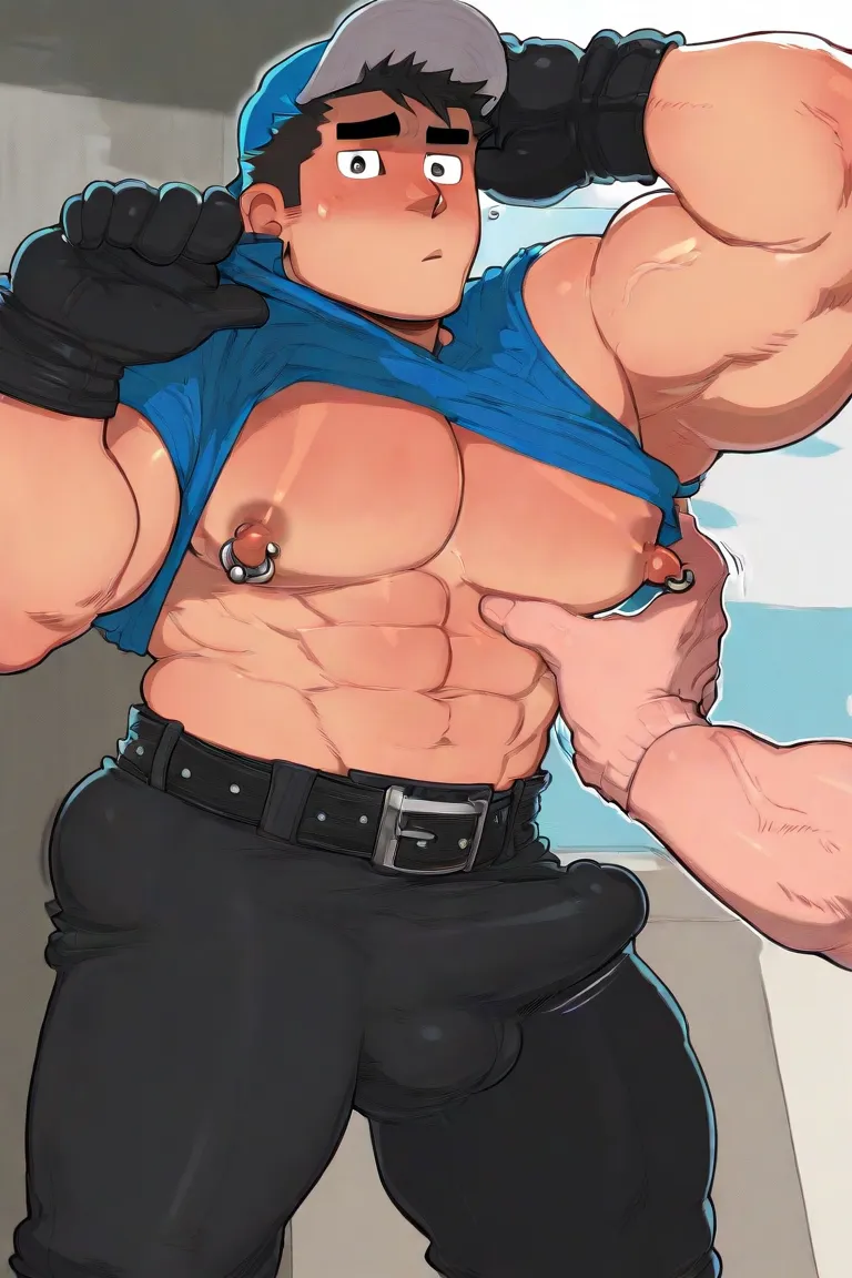 2boys
bara
bare pectorals
baseball cap
belt
black belt
black pants
blue shirt
blush
bulge
clothes lift
erection
erection under clothes
gloves
groping
hat 
large pectorals
lifting own clothes
male focus
multiple boys
muscular
muscular male
nipple piercing 
...