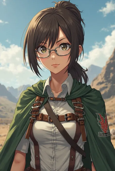 You have a slender woman with a, a little bit brown, waist with a ponytail and glasses wearing the uniform of the Exploration Legion of Attact on Titan 
