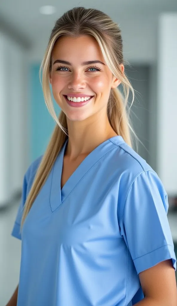 a beautiful young nurse, blonde hair tied in a ponytail, smiling warmly, wearing a light blue nurse's outfit. standing in hospital