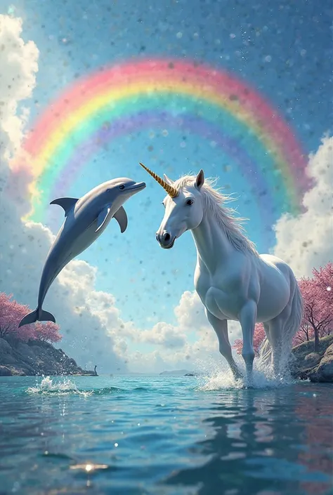 A jumping dolphin but behind a unicorn and a rainbow 