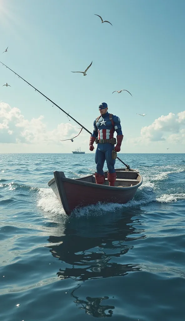 Captain America fishing in a small boat in the sea,  ultra real and professional images 