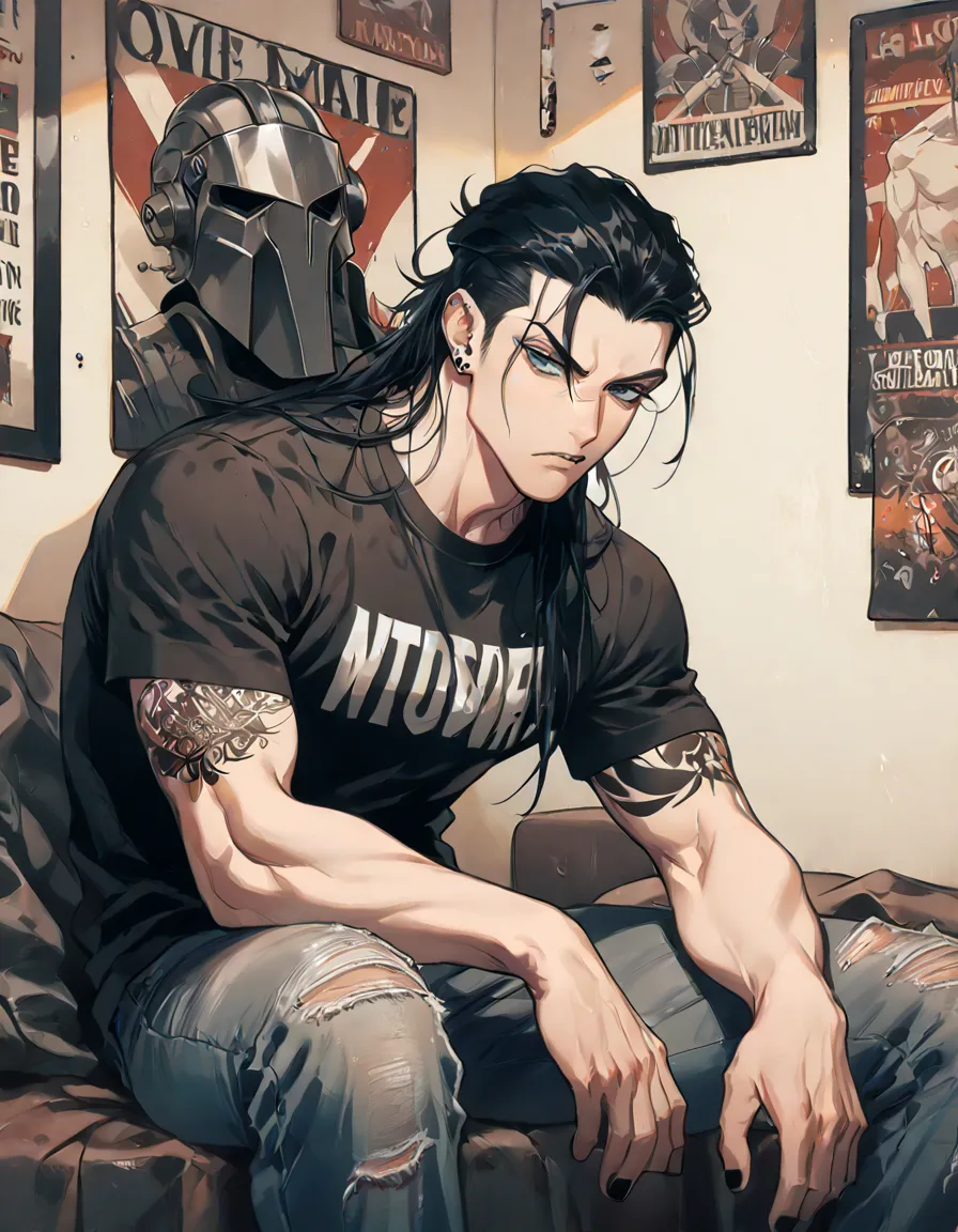 young adult male. Body: tattoos, fair skin, muscular, tall, strong, stocky. Face: clean-shaven, strong, angular, intimidating. Long black hair. Dark blue eyes. Clothing: black band shirt, ripped jeans. Details: metalhead, piercings, accessories, black pain...