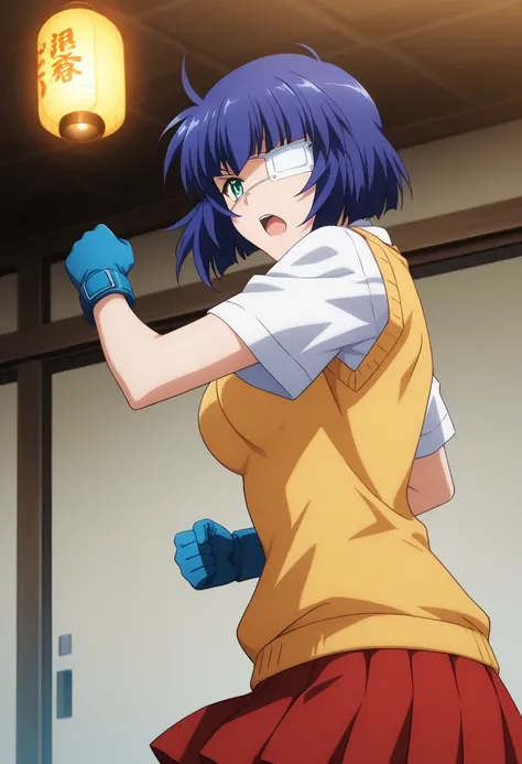 score_9, score_8_up, score_7_up, score_6_up, score_5_up,  source_anime, rating_safe, medium chest, indoors, 1 girl, Alone, viewers, (upper body:1.2), (dynamic pose:1.2), Ryomo full name ,  Lantern, short hair, green eyes, Eye patch, Ryuho School , short sl...