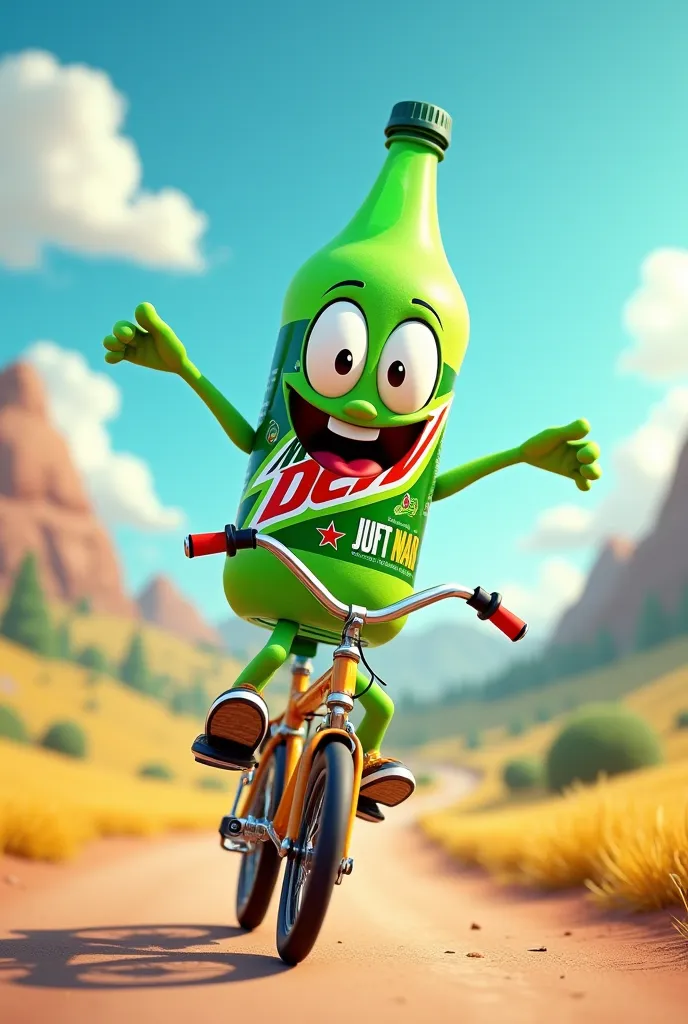 A whimsical 3D illustration of a cartoonish mountain dew bottle with arms and legs, joyfully riding a bicycle. The bottle has large, expressive eyes and a wide, cheerful mouth, exuding a sense of fun and adventure. The scene is set against a vibrant landsc...