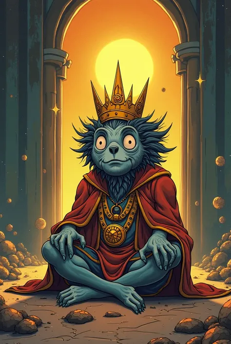 a cartoon of a man with a crown sitting on the floor, inspired by Zoltan Boros ,   winner of the cg society contest , ,  the god of chaos , sun god, selk ´ nam sun god, Wizard Hedgehog , an exhausted deity, a humanoid monster thistle, art deco shaman, a sh...