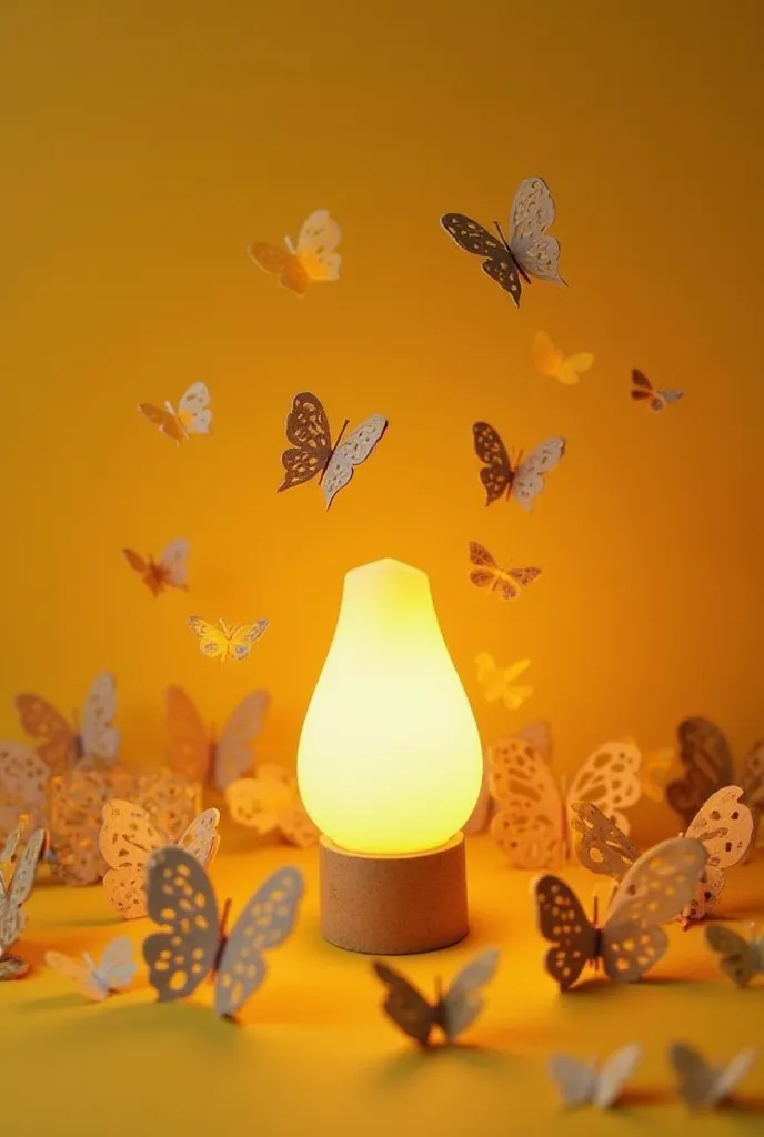 Yellow miniature with a lamp in the center with butterflies made of cardboard rolls of toilet paper
