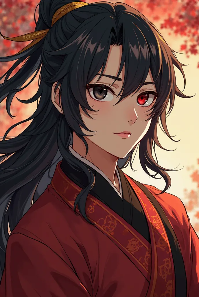 Hello, I want to create a male character in the historical Chinese anime style. That I have black hair with two-colored eyes (one black and the other red ) Who wears red clothes with gold hair ornaments (that looks mysterious and a little wicked and very m...