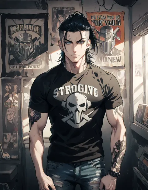 young adult male. Body: tattoos, fair skin, muscular, tall, strong, stocky. Face: clean-shaven, strong, angular, intimidating. Long black hair. Dark blue eyes. Clothing: black band shirt, ripped jeans. Details: metalhead, piercings, accessories, black pain...