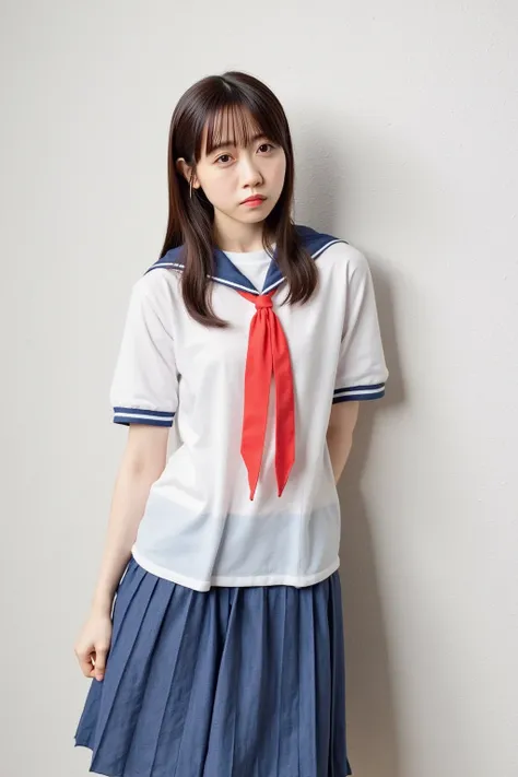  Japanese woman,slow s 、 一人のgirls, Idol cuteness:1.5, beautiful face:1.5、Bob、dark brown hair、 smile、sense of cleanliness、girls&#39;  High School ,  student bag、Alone, 青いsailor color, sailor color, blue skirt, Short sleeve,  red ribbon,beautiful big breasts...