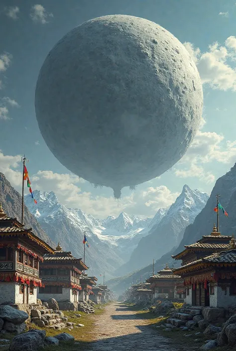 Tibetan houses with dark gray asteroid floating low