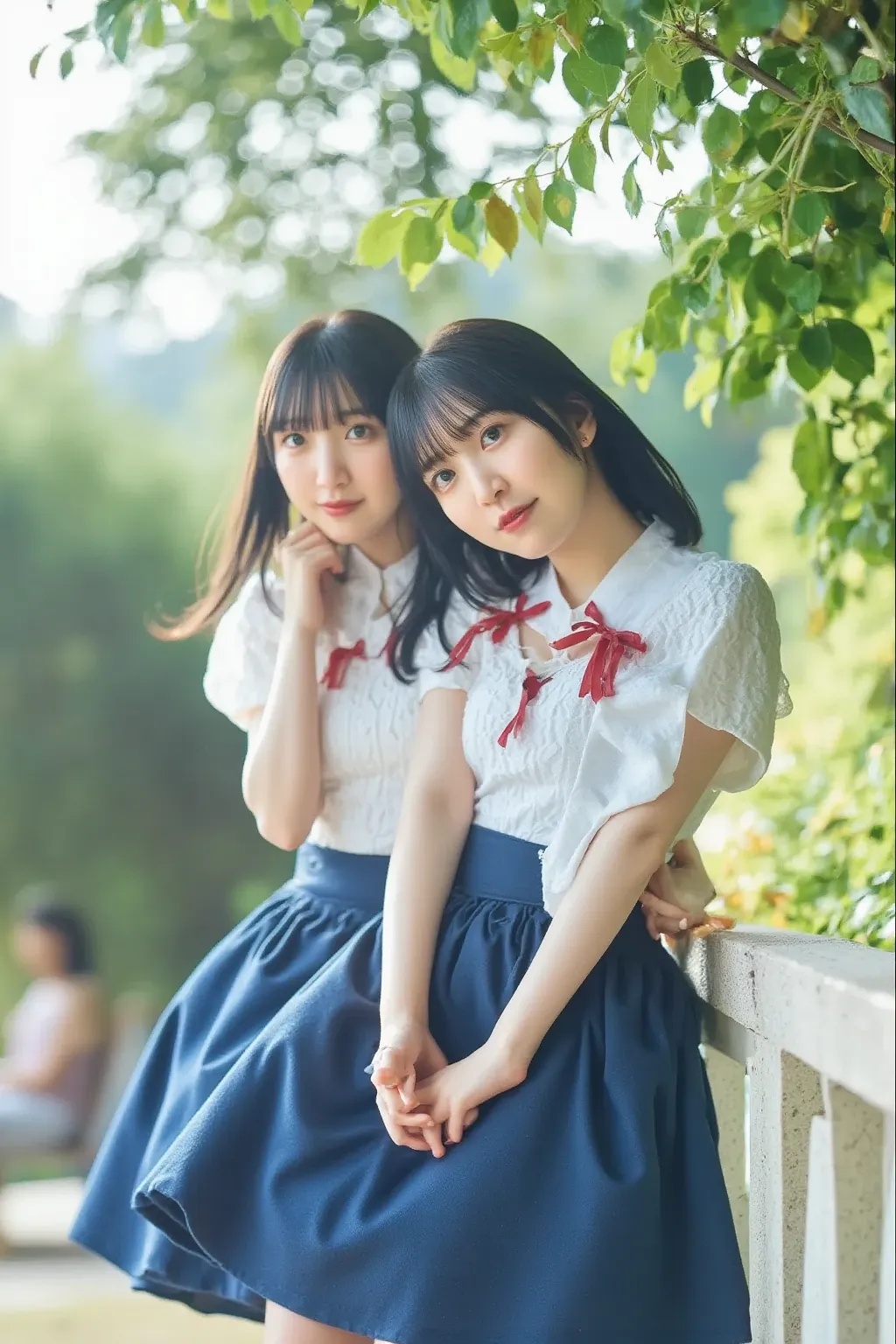  Japanese woman,slow s 、 一人のgirls, Idol cuteness:1.5, beautiful face:1.5、Bob、dark brown hair、 smile、sense of cleanliness、girls&#39;  High School ,  student bag、Alone, 青いsailor color, sailor color, blue skirt, Short sleeve,  red ribbon,beautiful big breasts...