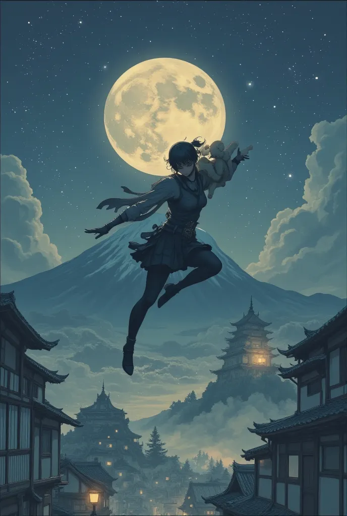 Ninja jumping with teddy bear against the moon at night, background of castle and Edo town, ukiyoe style, woodblock print, ink painting, flat color anime, ArsMJStyle, Zen Ink Wash Sumi-e.