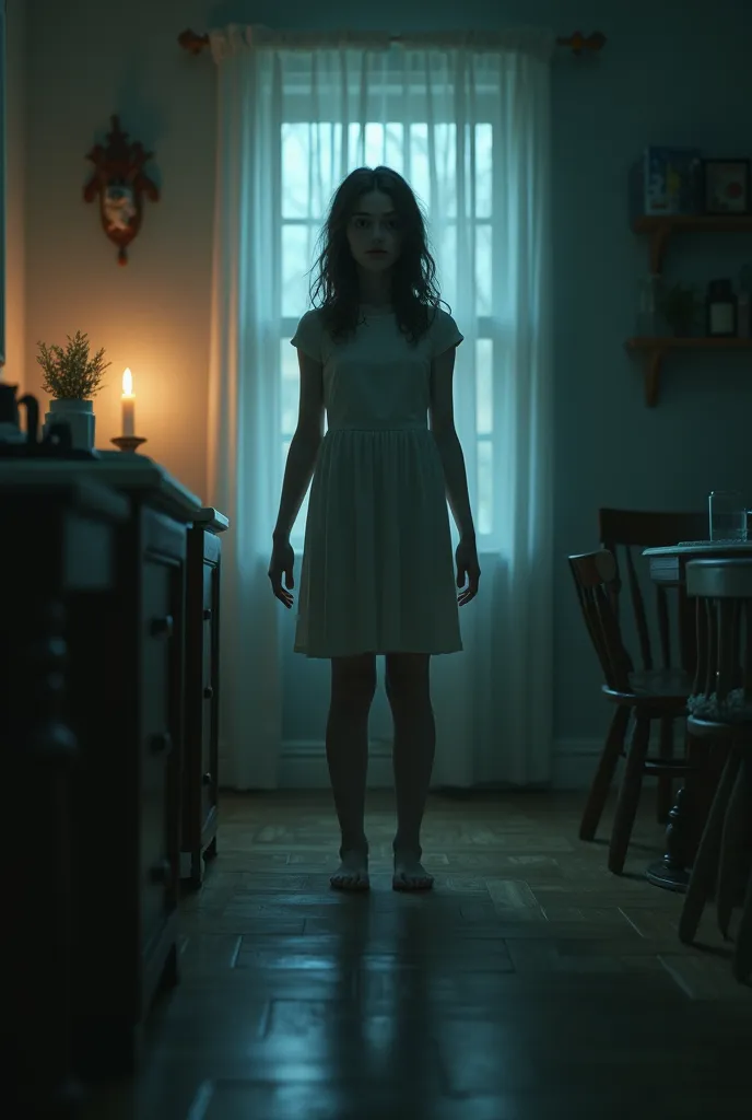 I need an image of a girl being haunted by strange shadows in her house