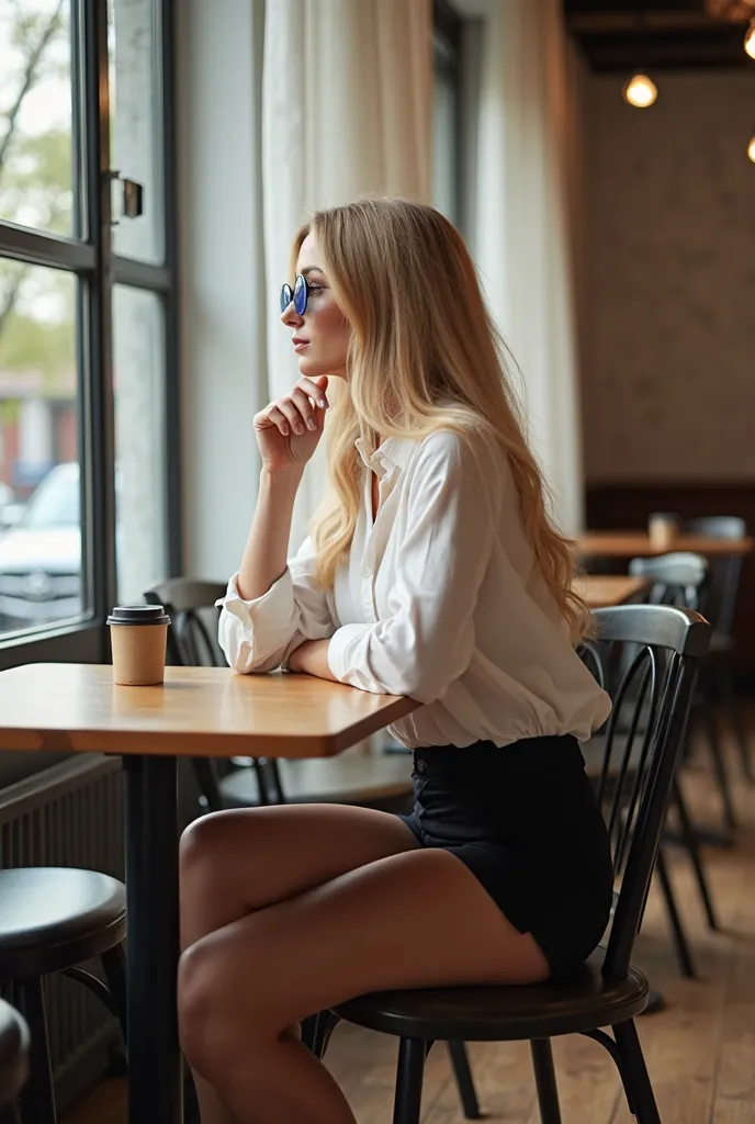 In the scene, a blonde woman with long hair, big breasts and a big butt is sitting at a table in an empty coffee shop. She is wearing a white blouse, rounded feminine glasses and black shorts. Her blue eyes reflect a calm expression as she looks out the wi...