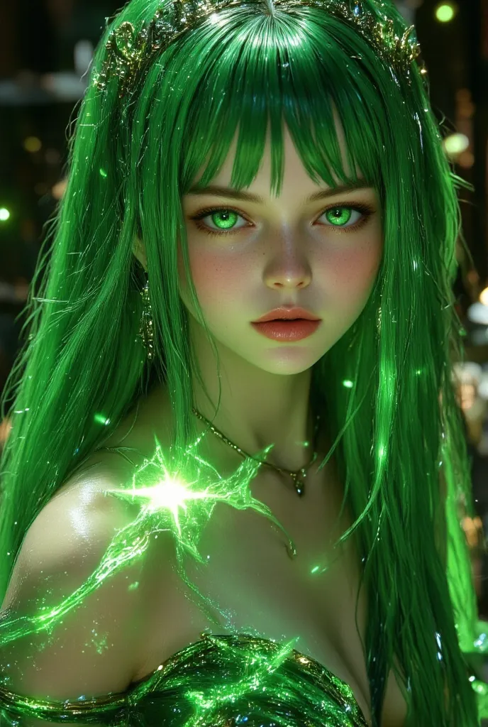 吊り眼でGlare((long straight green hair))beautiful, smooth, white, silky skin((very big eyes shining green)) glossy red lips 、 very lean body（Luxurious Fantasy Dress） gorgeous tiara、Luxurious ring、gorgeous necklace、gorgeous earrings、Luxurious bracelet（adult wo...