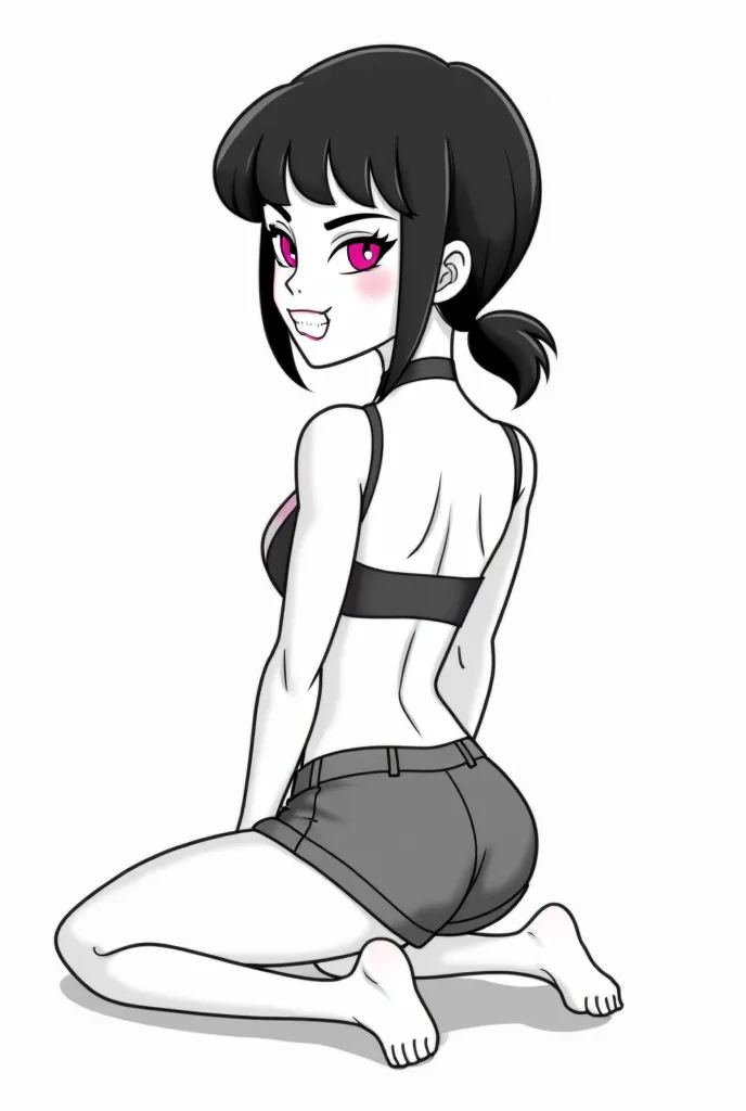 ((Ashley graves)), ((masterpiece)), (( shades of gray )), ((cartoon style)), ((contour)), ((monochrome)), (( back view )), {(Attractive figure), (sharp curves), (cute feet), ( pale skin), (black hair), (low ponytail), (pink eyes), (half-closed eyes), ( lon...