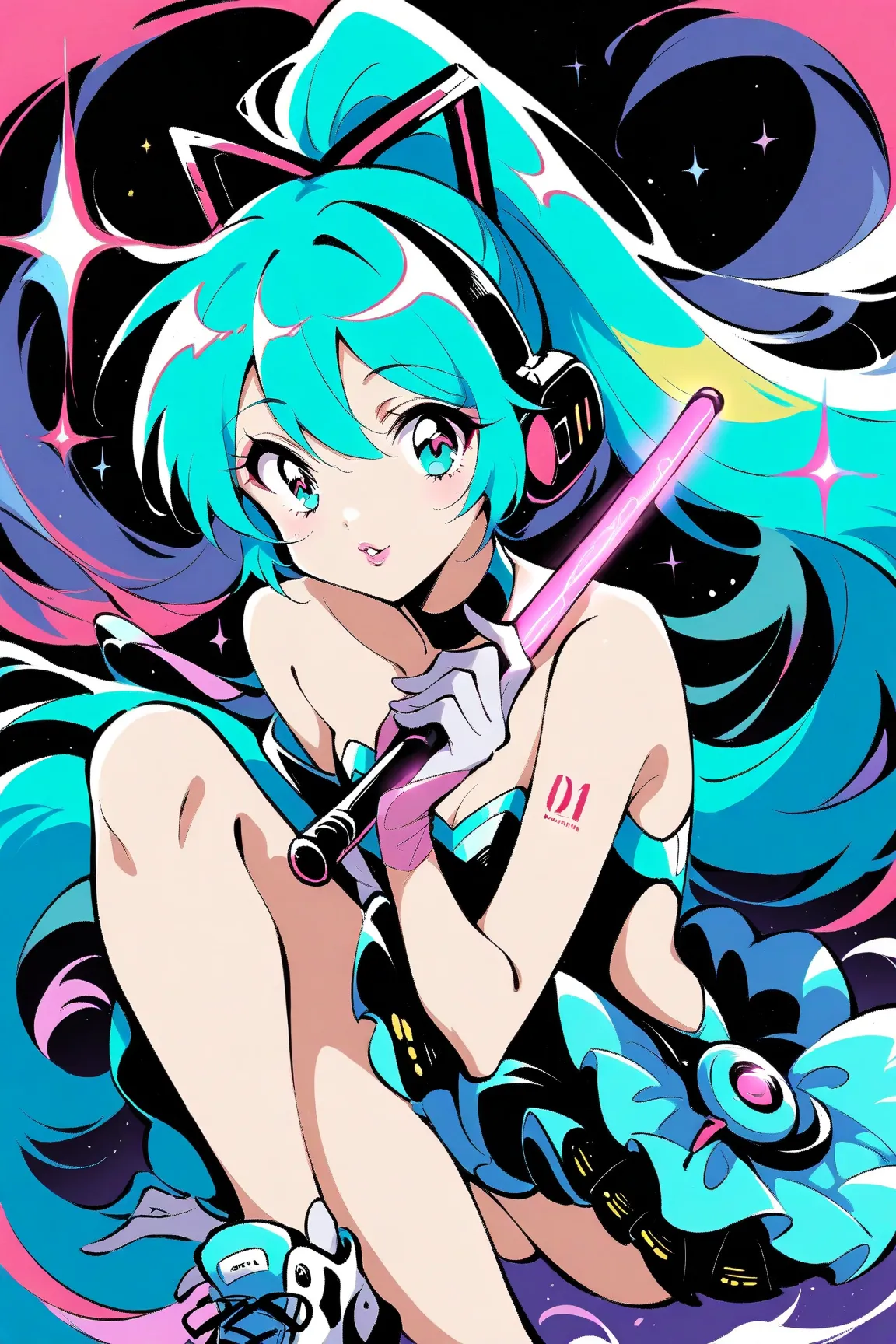 (has the best quality, sketch:1.2),practical, illustration designer  ,cunning，1 girl,   Hatsune Miku  ， delicate lips , Hold the baton in your hand， strapless， Neon long hair  ,  high ponytail green  ， skirt， Put your foot on the sound，sneakers。 masterpiec...