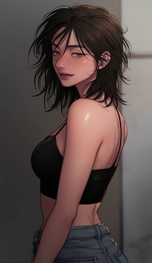 (a beautiful girl who is sleepy while smiling in the room.  She has a thin body , Pecho enorme, fair skin,  gray eyes, Messy black neck length short hair with messy bangs , She also wears a black top with thin straps and loose-fitting jeans Portrait de Fem...