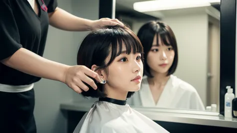   RAW photos , A brightly lit hair salon,Japanese woman cutting her black pixie bob even shorter at the beauty salon,With a hair clipper owned by a female hairdresser、I'm in the middle of cutting my hair, Good mood ,
Pixie Bob with the neckline on the back...