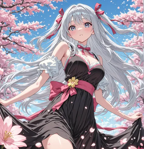 Please refer to the woman in the image。She is a beautiful and cute Japanese woman with long silver hair。She looks at us with a melancholy expression。There are rows of cherry blossom trees in full bloom and colorful heart-shaped lights dancing in the backgr...