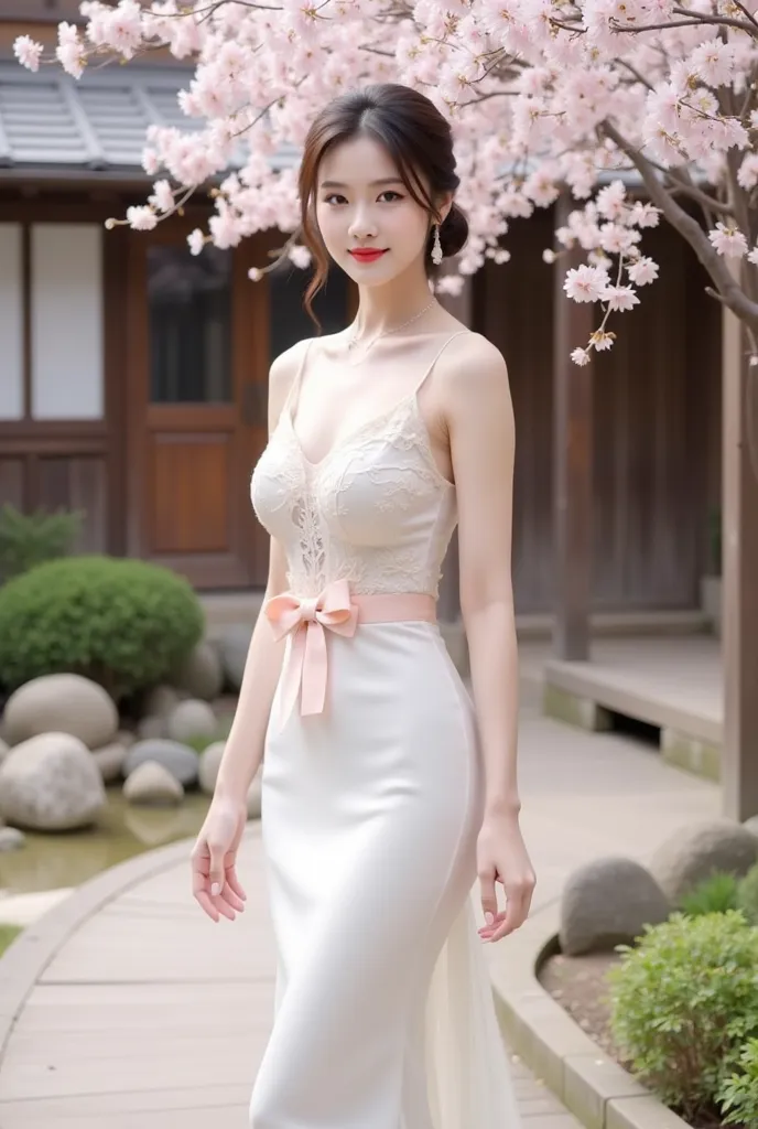 a woman standing elegantly in an outdoor setting adorned with cherry blossoms. She is wearing a fitted, ivory-colored gown featuring delicate floral lace details on the bodice and a soft pink bow around her waist. The dress has thin straps and flows gracef...