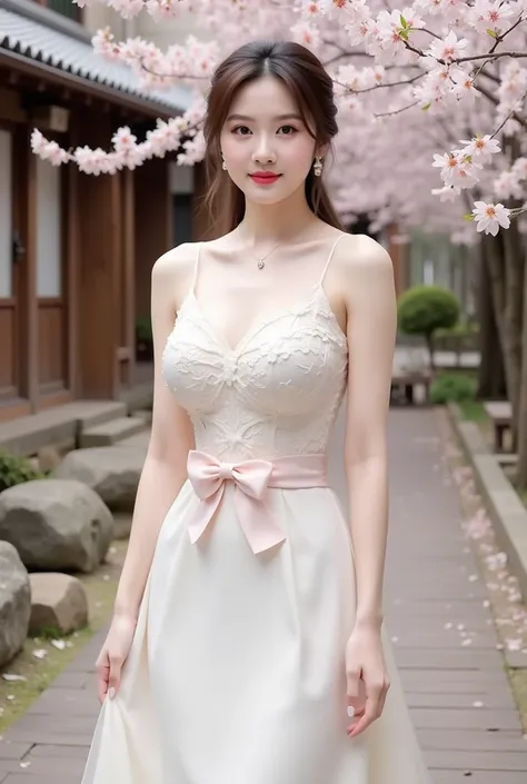 a woman standing elegantly in an outdoor setting adorned with cherry blossoms. She is wearing a fitted, ivory-colored gown featuring delicate floral lace details on the bodice and a soft pink bow around her waist. The dress has thin straps and flows gracef...