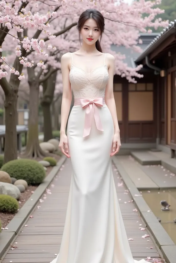 a woman standing elegantly in an outdoor setting adorned with cherry blossoms. She is wearing a fitted, ivory-colored gown featuring delicate floral lace details on the bodice and a soft pink bow around her waist. The dress has thin straps and flows gracef...