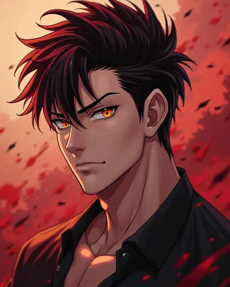 Anime Character, anime background, Solo Leveling. A 26-year-old half-human, half-demon man with a strong, athletic build. His face is sharp and chiseled, naturally handsome but hardened with experience. His skin is smooth and light, with faint scars along ...