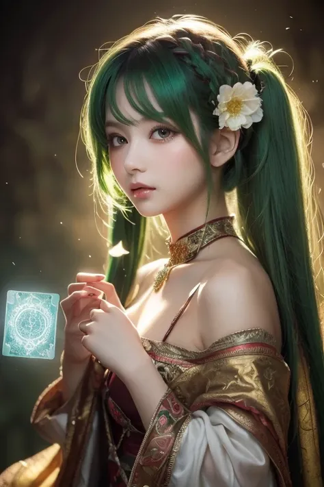 (Masterpiece,  top quality,  best quality ,  Official Art,  beautiful and aesthetic:1.2), ( 1 girl:1.3), ( Fractal Art :1.3), card, Tarot,  green hair,  twin tails,  hair flower, ( good lighting :1.1), (( high resolution)), Tarot card style