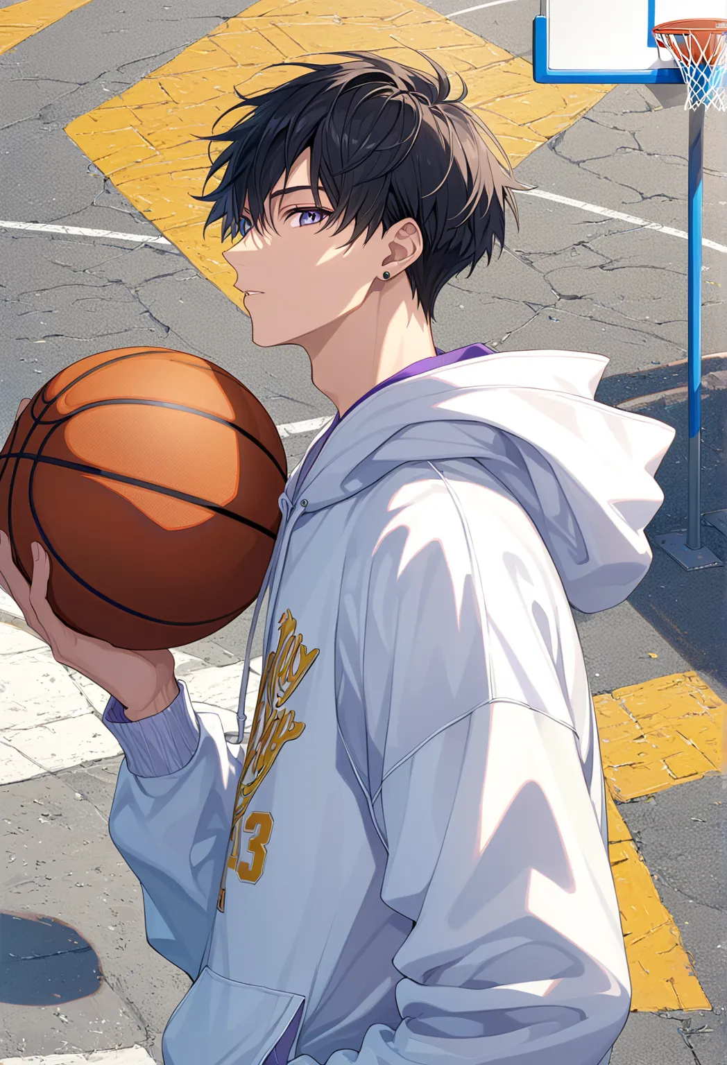 （ very detailed CG:1.5）、（Crisp image quality:1.5）、Healthy Men  、One person、（ detailed facial depiction  :1.3）、Short Hair、street fashion、hoodie、basketball、 from side、looking at viewer、street basketball court