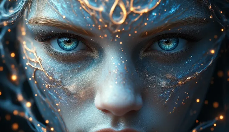  Close-up portrait of a white person with striking blue eyes, set against a cosmic backdrop filled with swirling galaxies and stars, featuring mystical symbols such as pentagrams and triangles glowing around the head.  The artwork should evoke feelings of ...