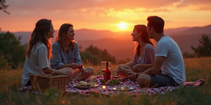 Sunset Picnic With Red Wine And Sandwiches Stock Photo Background