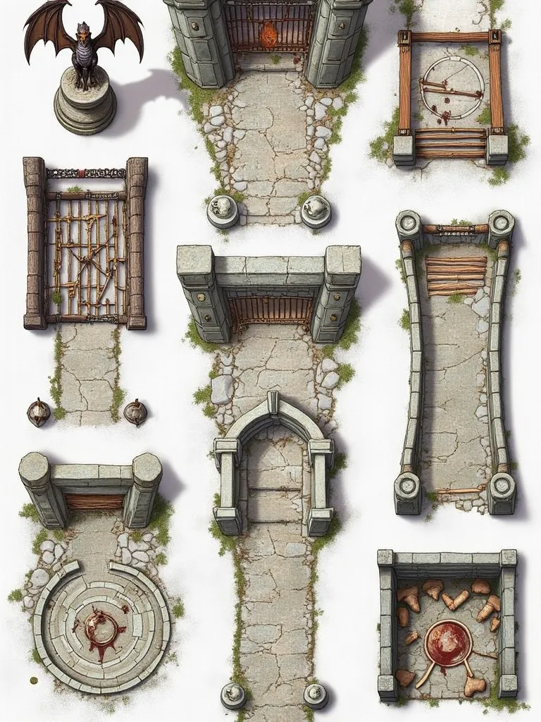 Hand-drawn top-down view image featuring a pack of eight unique dungeon-themed fantasy assets arranged with ample spacing on a plain white background, perfect for Dungeondraft. Include:

Sinister Gargoyle Perch – A weathered stone gargoyle perched on a cra...