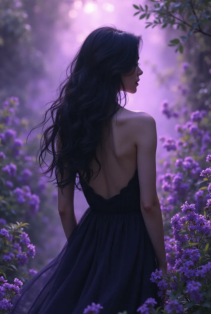  Create a woman with a back , with black hair, in a garden with purple violets and a totally purple background 