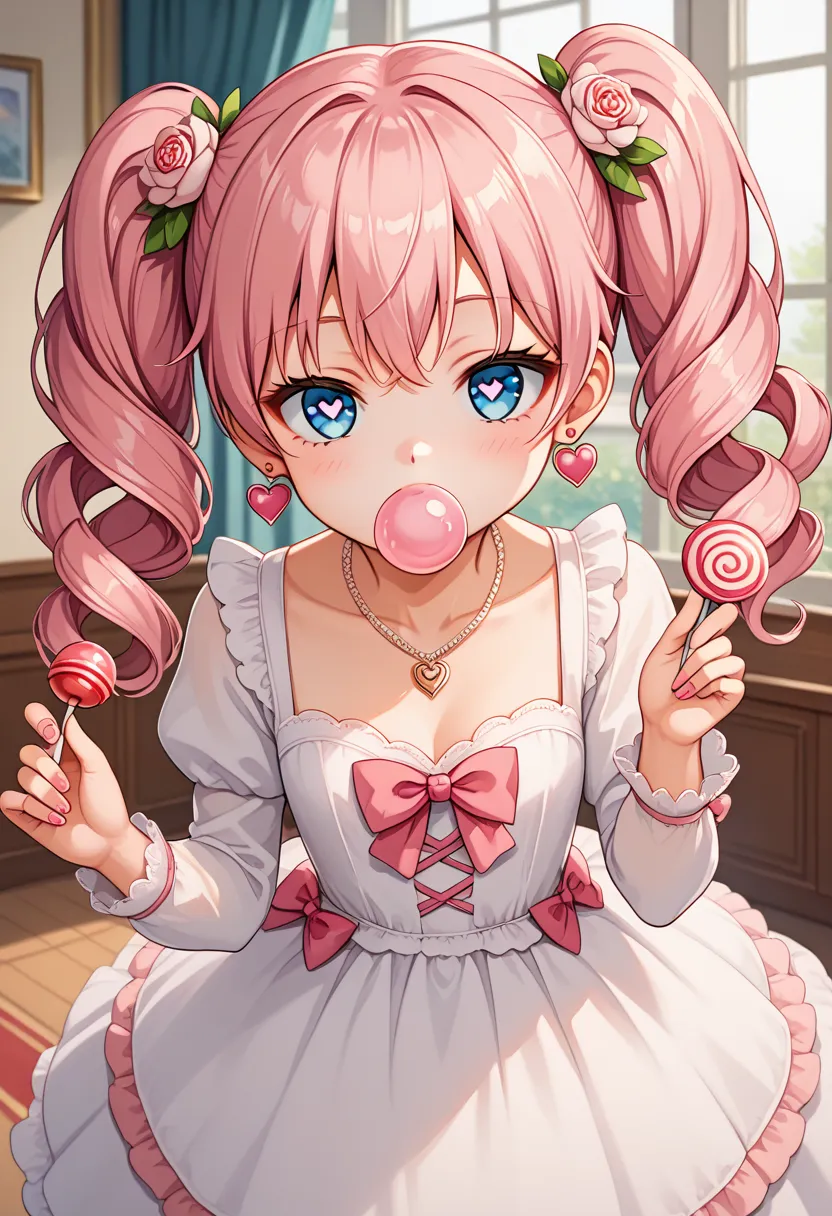  1girl , Alone, masterpiece, best quality, (anime art style:1.0), long pink hair, bouncy hair, bubblegum hair color, white eye pupils, bouncy twin tails, cute girl, 【No.5 XL】 Lolita Dress freya 洛丽塔裙 芙蕾雅, freya,dress,white dress,long sleeves,jewelry,necklac...