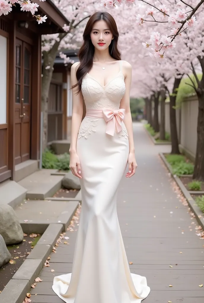 a woman standing elegantly in an outdoor setting adorned with cherry blossoms. She is wearing a fitted, ivory-colored gown featuring delicate floral lace details on the bodice and a soft pink bow around her waist. The dress has thin straps and flows gracef...