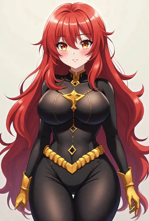 An oc-anime about a girl with long wavy red hair and yellow eyes with red, a serious and cute look with wide hips, chubby legs and big thighs and a black and gold suit, good hands with a chubby body, a hero's costume.