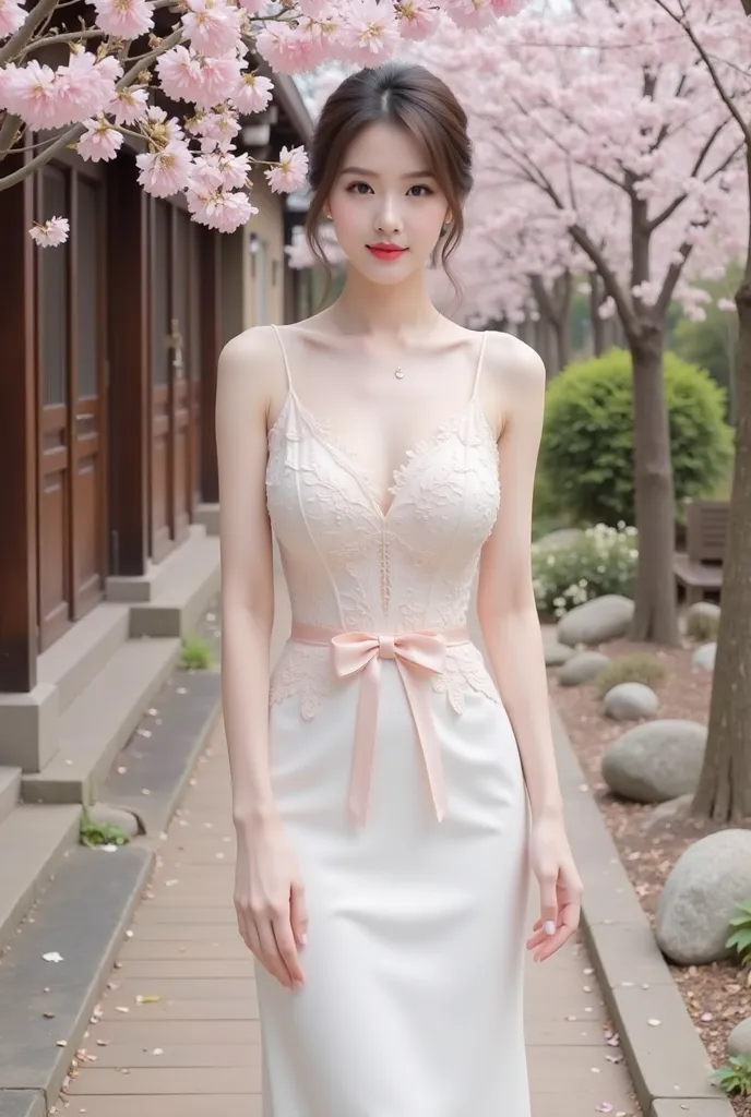 a woman standing elegantly in an outdoor setting adorned with cherry blossoms. She is wearing a fitted, ivory-colored gown featuring delicate floral lace details on the bodice and a soft pink bow around her waist. The dress has thin straps and flows gracef...