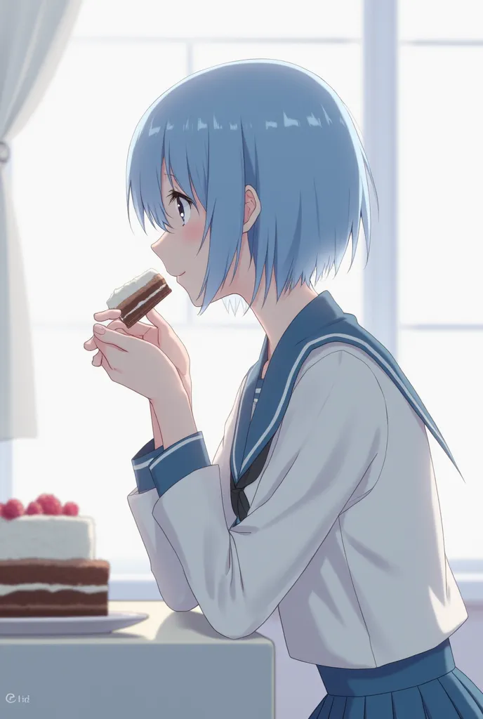 Rei Ayanami eating cake with his hands in profile 