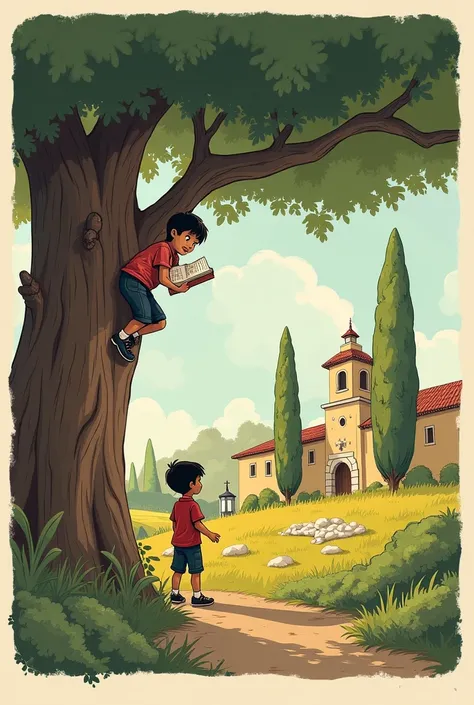 Make me a comic of this
Page 1: The Curious Boy!

Vignette 1: (general plane) A small town in Aragon, Spain, In 1850 .  a  of about   ( Santiago ) he climbs a tree with a notebook in his hand.
text: Since he was a ,  Santiago  era inquieto y soñador.

Vign...