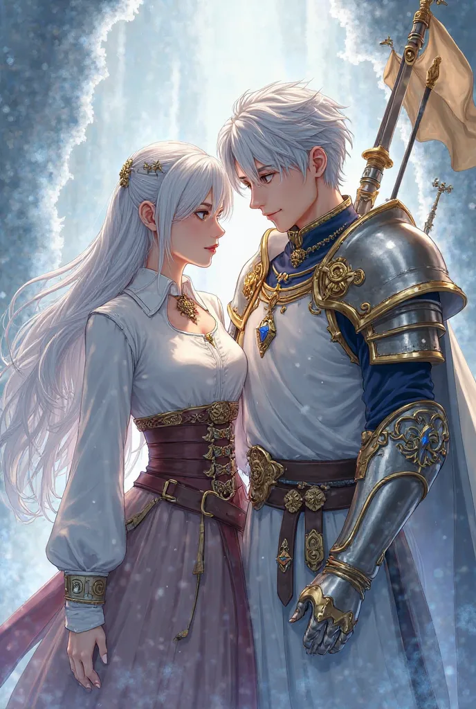 Female and Male Character from the Dark Epoch Game Mu, the Female character with long white hair, White shirt with a light neckline and a huge belt around the waist, your soft face watching closely your leader. 
The male character , a real-looking knight w...