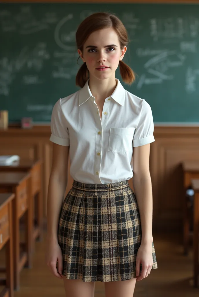 Emma Watson, school classroom, pigtails, white button up blouse, plaid pleated skirt, thigh high white socks, cleavage 