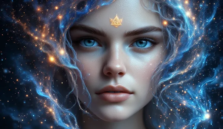 Close-up portrait of a white person with striking blue eyes, set against a cosmic backdrop filled with swirling galaxies and stars, featuring mystical symbols such as pentagrams and triangles glowing around the head.  The artwork should evoke feelings of e...