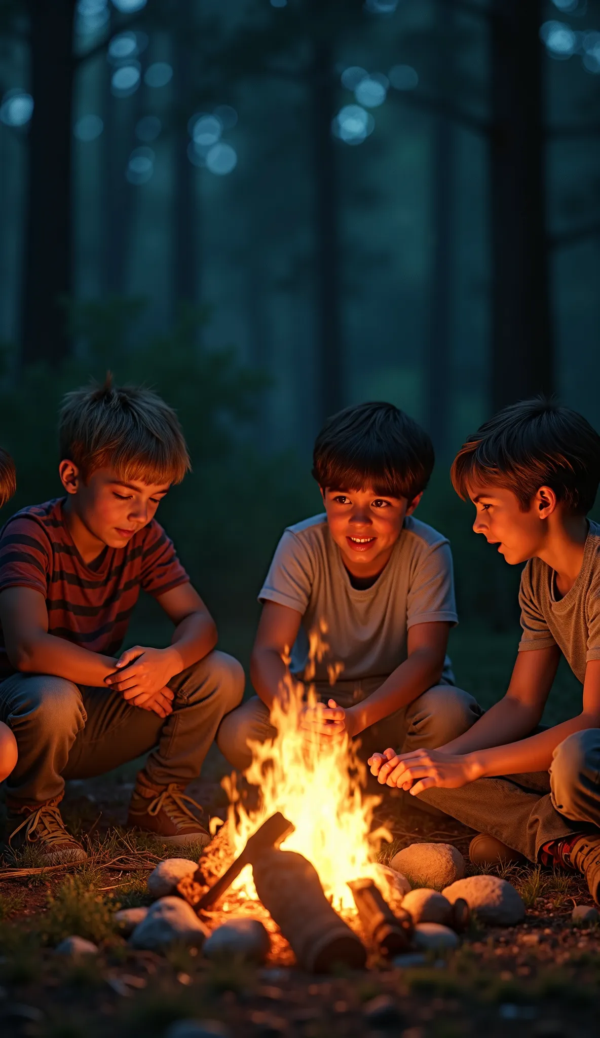  Create an ultra realistic image , from the 1980s , Boys sitting around a fire, Telling horror stories 