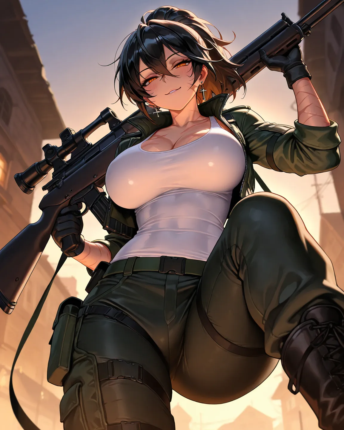 from below, Look down and step on the bottom of military BLACK boots, long scar face, DARK GREEN leather combat tight jacket, BLACK cargo pants, BLACK pants, white tank top, seductive smile, BLACK gloves, solo, short hair, ponytail hair, Black hair with br...