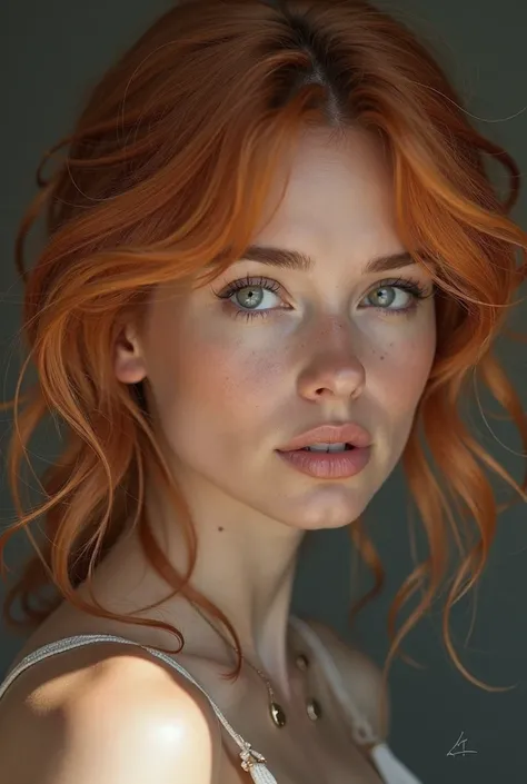 Create a hyperrealistic portrait of a woman with natural red hair,  loose and slightly messy , with highlights that capture the Authentic light. Your skin is clear, with realistic texture, including visible pores , Small natural imperfections, such as mild...