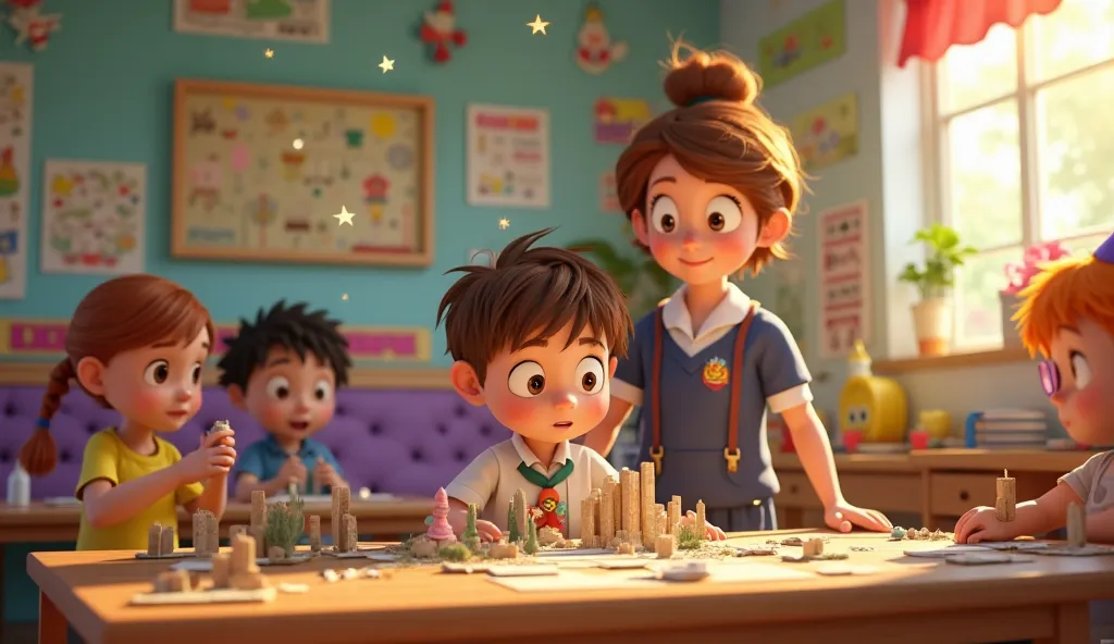 *"Create a highly detailed and expressive 3D animated scene inspired by Studio Ghibli, Cartoon Saloon, Aardman Animations, and retro 1950s styles. A lively Gymboree classroom, filled with 'Gymboree' logos prominently displayed on the walls, vibrant ren's d...