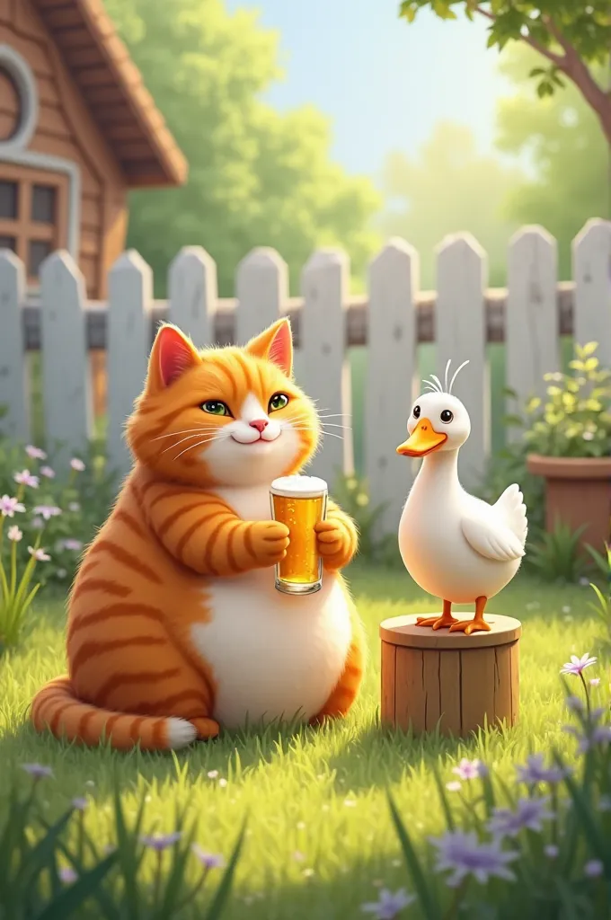 
A chubby orange tabby cat sitting on green grass, holding a glass of beer with its right paw, a white duck standing on a wooden stool next to the cat, beak close to the beer glass, in a sunny garden with a white wooden fence in the background and a brown-...