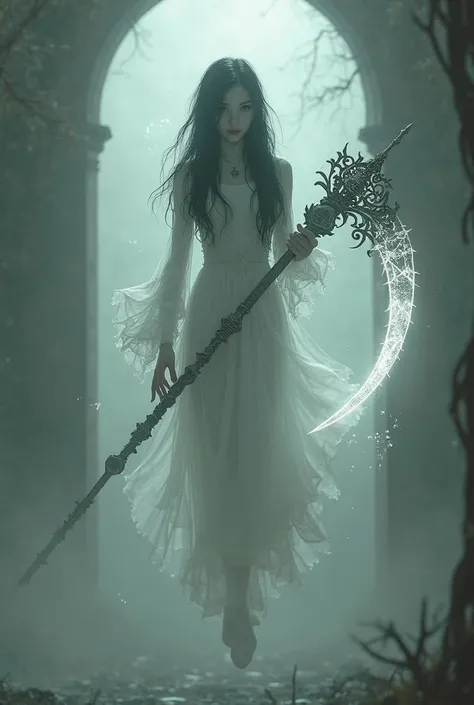 Floating ghost girl with mid length black hair holding sythe