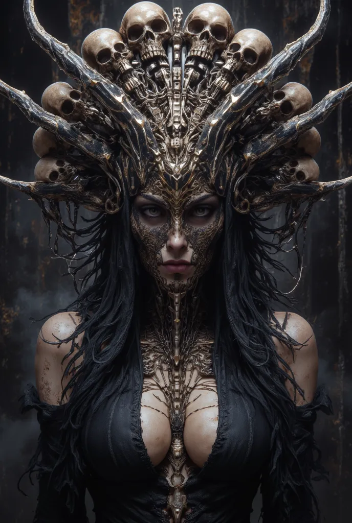 Of her face and full body， It shows a Powerful Witch，An impressive close-up portrait。Her face and upper body，emits ominous spiritual energy—there are many skulls and bones，An impressive close-up portrait，creating a chilling atmosphere。